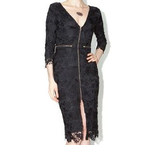 Black Floral Crochet Body Con Midi Dress Zip Up